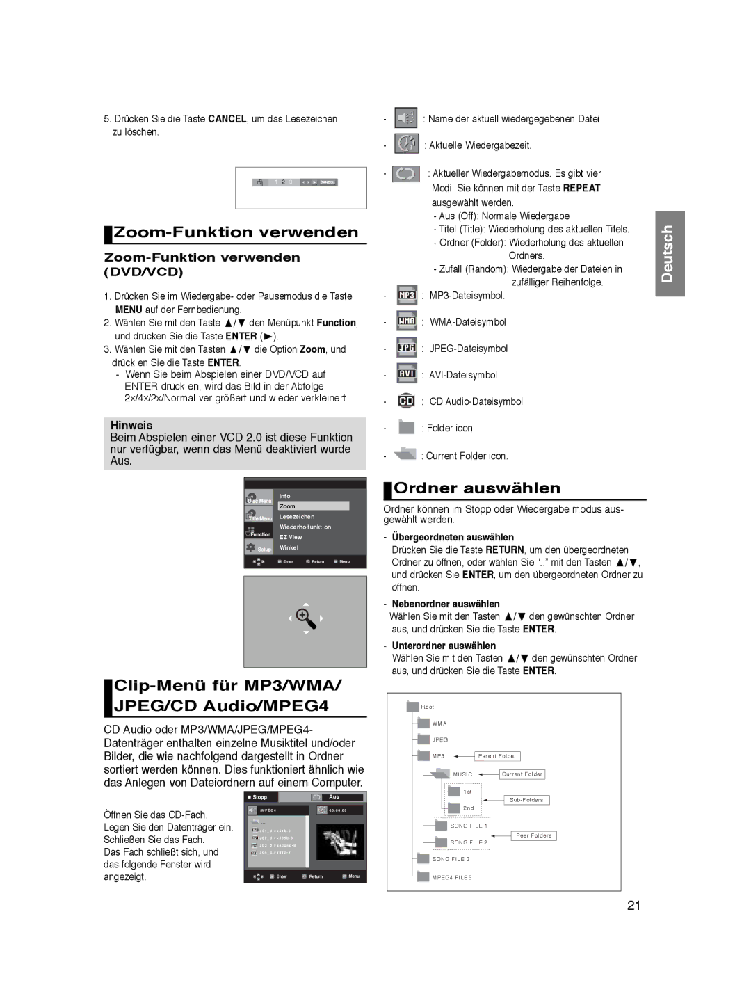 Samsung DVD-P360K/SEO, DVD-P360/XEG Zoom-Funktion verwenden, Clip-Menü für MP3/WMA/ JPEG/CD Audio/MPEG4, Ordner auswählen 