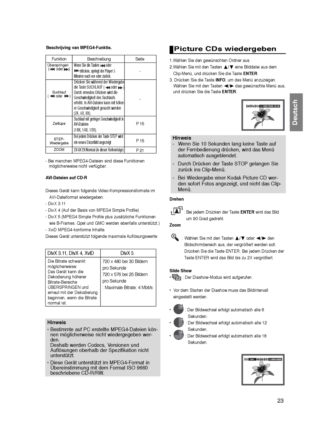 Samsung DVD-P360/XEC manual Picture CDs wiedergeben, DivX, Beschrijving van MPEG4-Funktie, AVI-Dateien auf CD-R, Drehen 