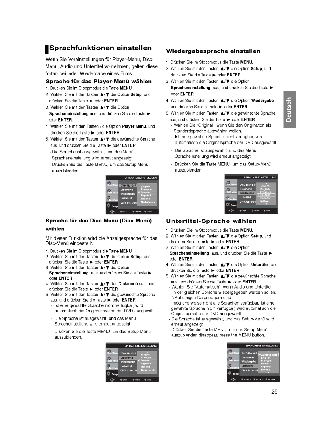 Samsung DVD-P365/XEL manual Sprachfunktionen einstellen, Sprache für das Player-Menü wählen, Wiedergabesprache einstellen 