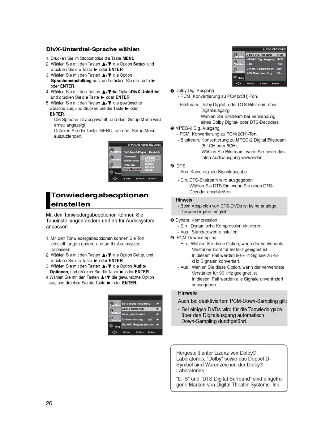 Samsung DVD-P360/FOU, DVD-P360/XEG, DVD-P360/XEC manual Tonwiedergabeoptionen einstellen, DivX-Untertitel-Sprache wählen 