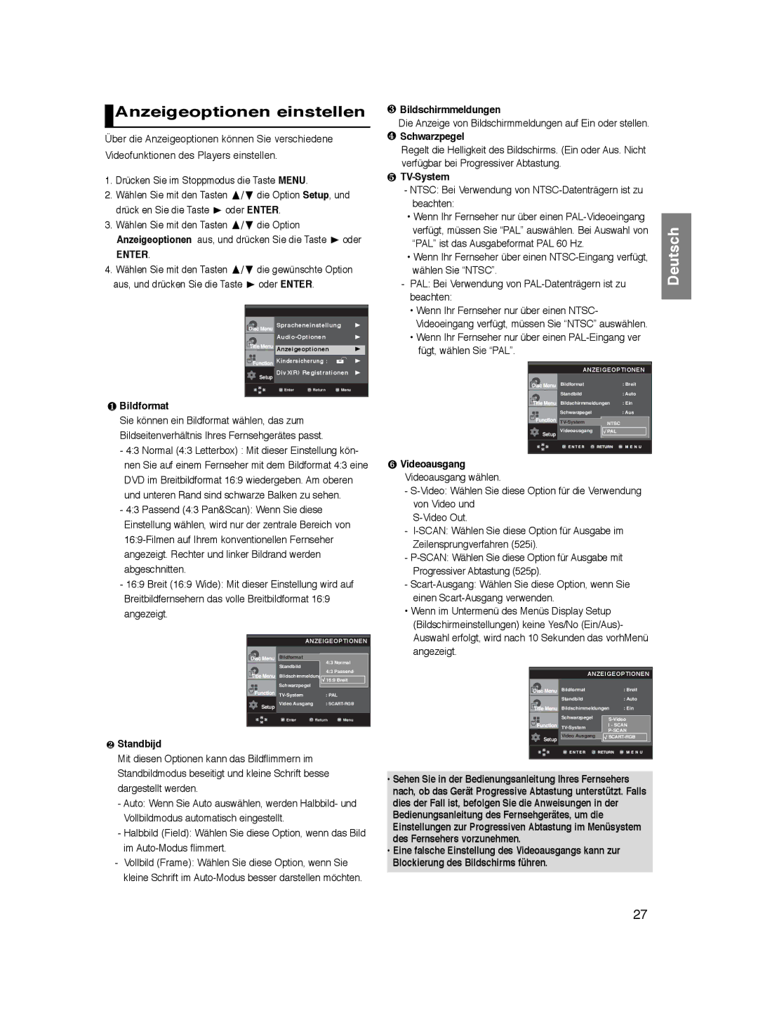 Samsung DVD-P365/FOU, DVD-P360/XEG, DVD-P360/XEC, DVD-P360/XEL, DVD-P365/XEL, DVD-P360/FOU manual Anzeigeoptionen einstellen 