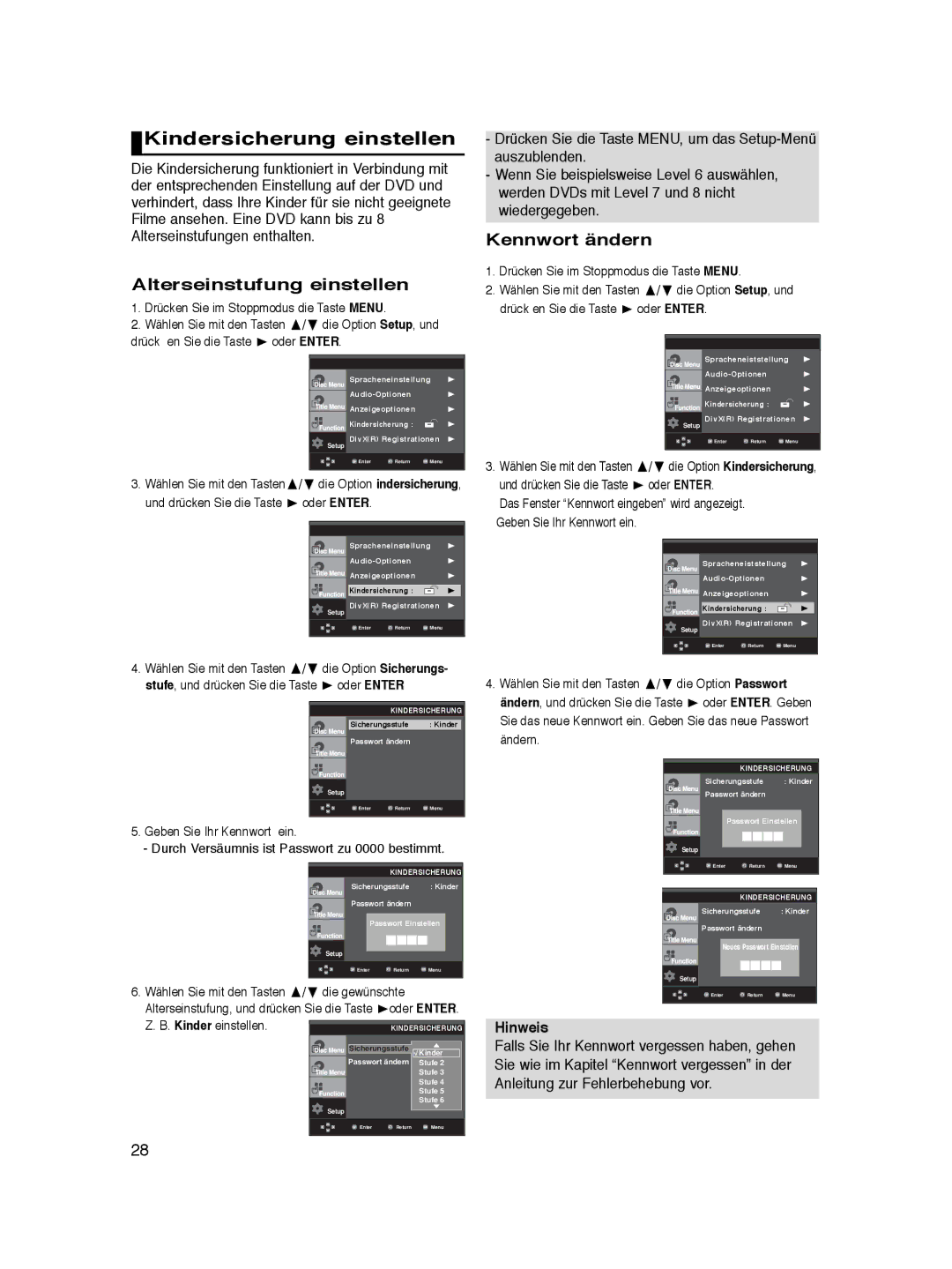 Samsung DVD-P365/XEH, DVD-P360/XEG, DVD-P360/XEC Kindersicherung einstellen, Alterseinstufung einstellen, Kennwort ändern 