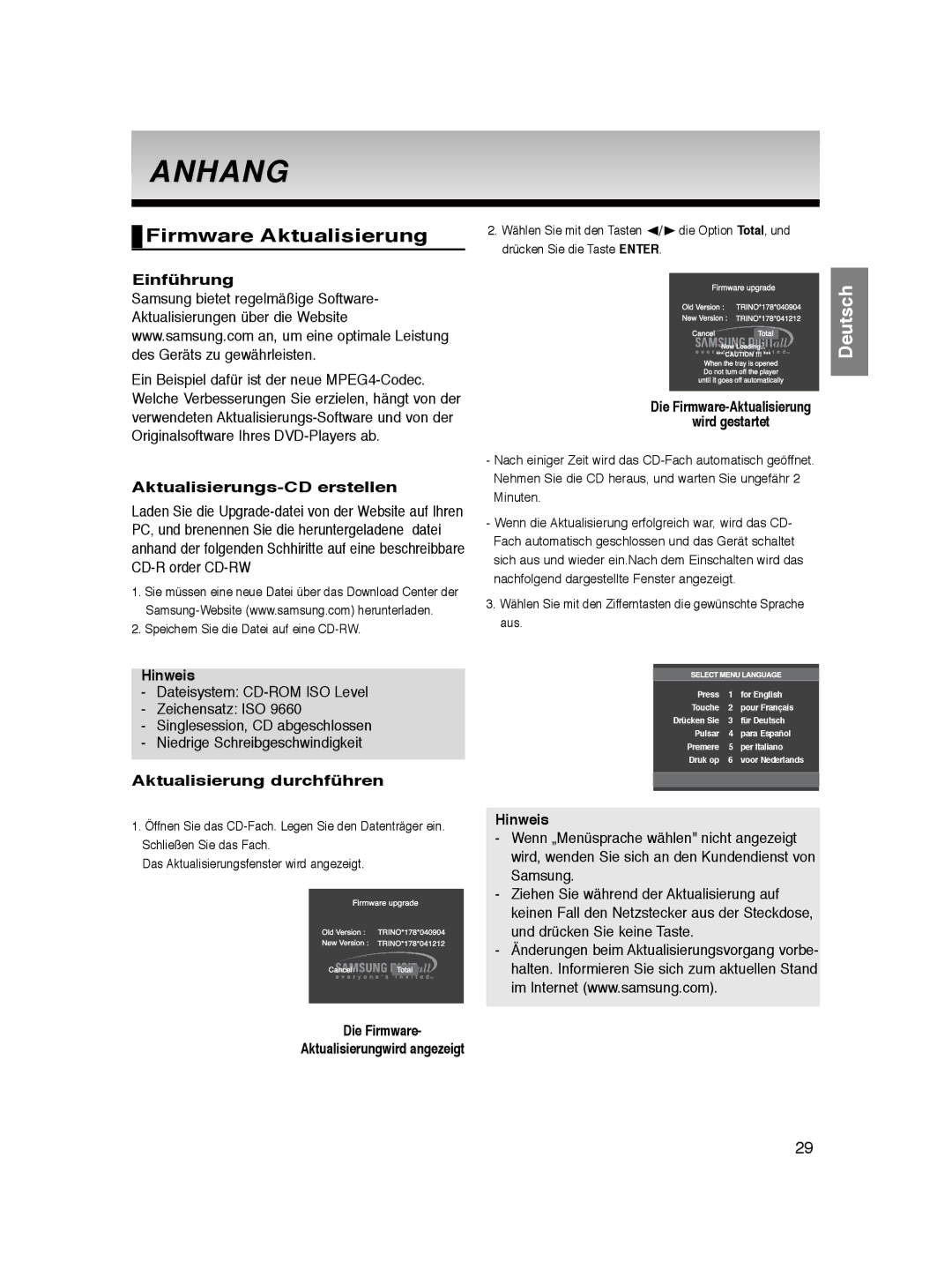 Samsung DVD-P361K/SEO, DVD-P360/XEG, DVD-P360/XEC, DVD-P360/XEL, DVD-P365/XEL, DVD-P360/FOU Anhang, Firmware Aktualisierung 