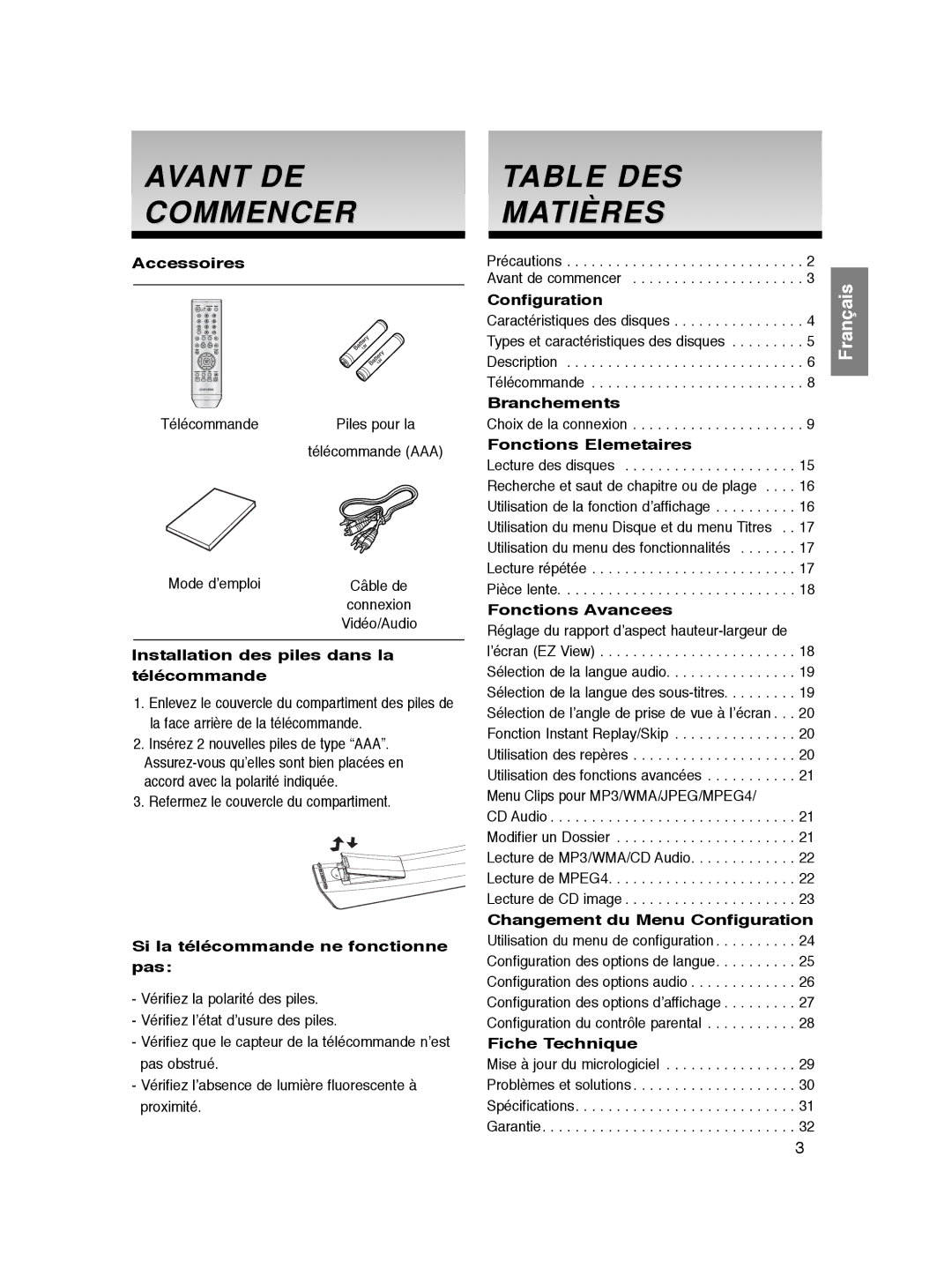 Samsung DVD-P365/FOU, DVD-P360/XEG, DVD-P360/XEC, DVD-P360/XEL, DVD-P365/XEL manual Avant DE Commencer, Table DES Matières 