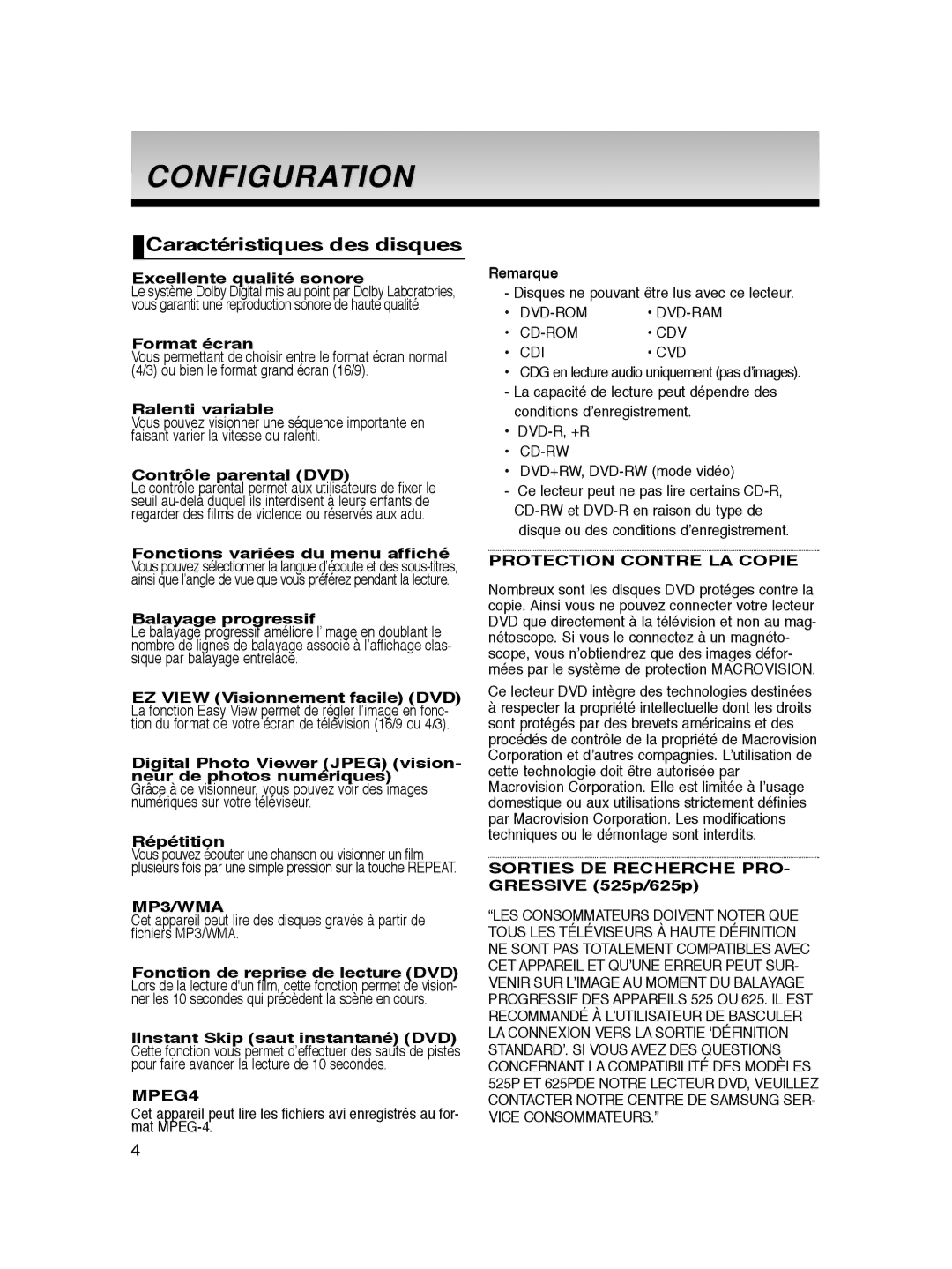 Samsung DVD-P365/XEH, DVD-P360/XEG, DVD-P360/XEC, DVD-P360/XEL, DVD-P365/XEL manual Configuration, Caractéristiques des disques 