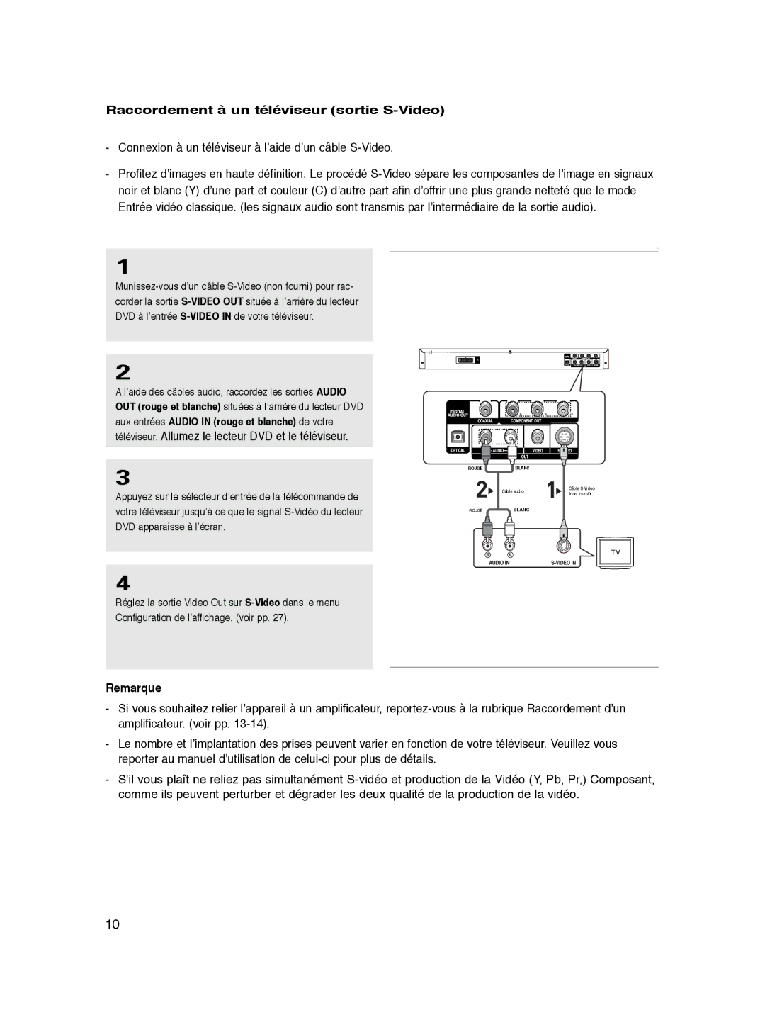 Samsung DVD-P365/XEL Raccordement à un téléviseur sortie S-Video, Connexion à un téléviseur à l’aide d’un câble S-Video 