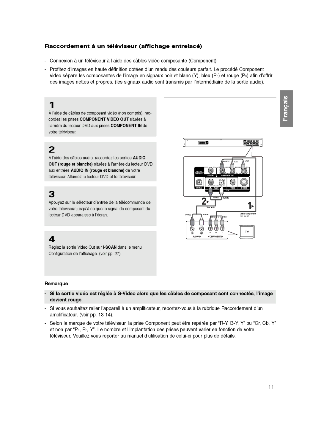 Samsung DVD-P360/FOU Raccordement à un téléviseur affichage entrelacé, Aux entrées Audio in rouge et blanche de votre 