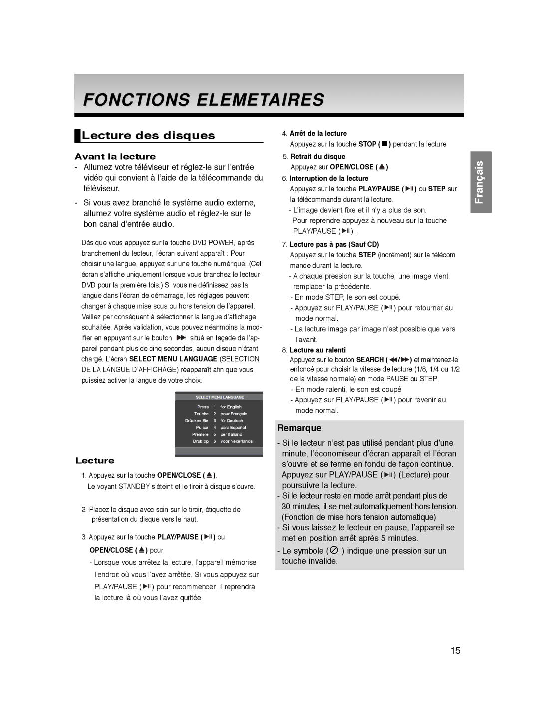 Samsung DVD-P360K/SEO, DVD-P360/XEG, DVD-P360/XEC Fonctions Elemetaires, Lecture des disques, Remarque, Avant la lecture 