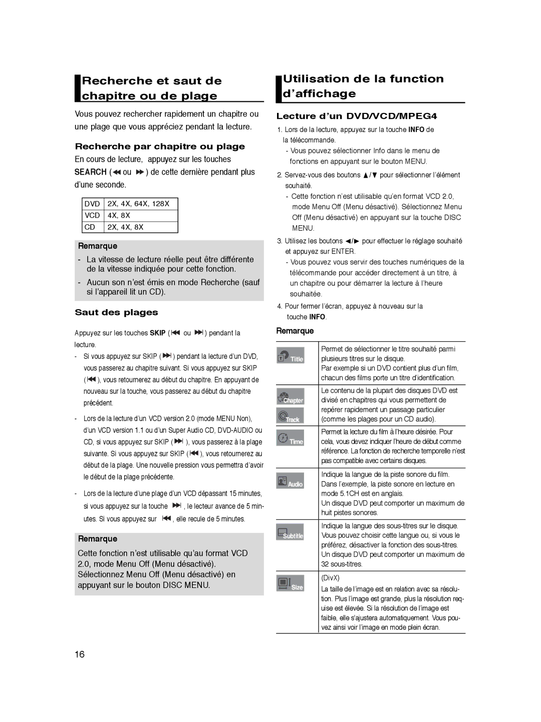 Samsung DVD-P360/XEG Recherche et saut de chapitre ou de plage, Utilisation de la function d’affichage, Saut des plages 