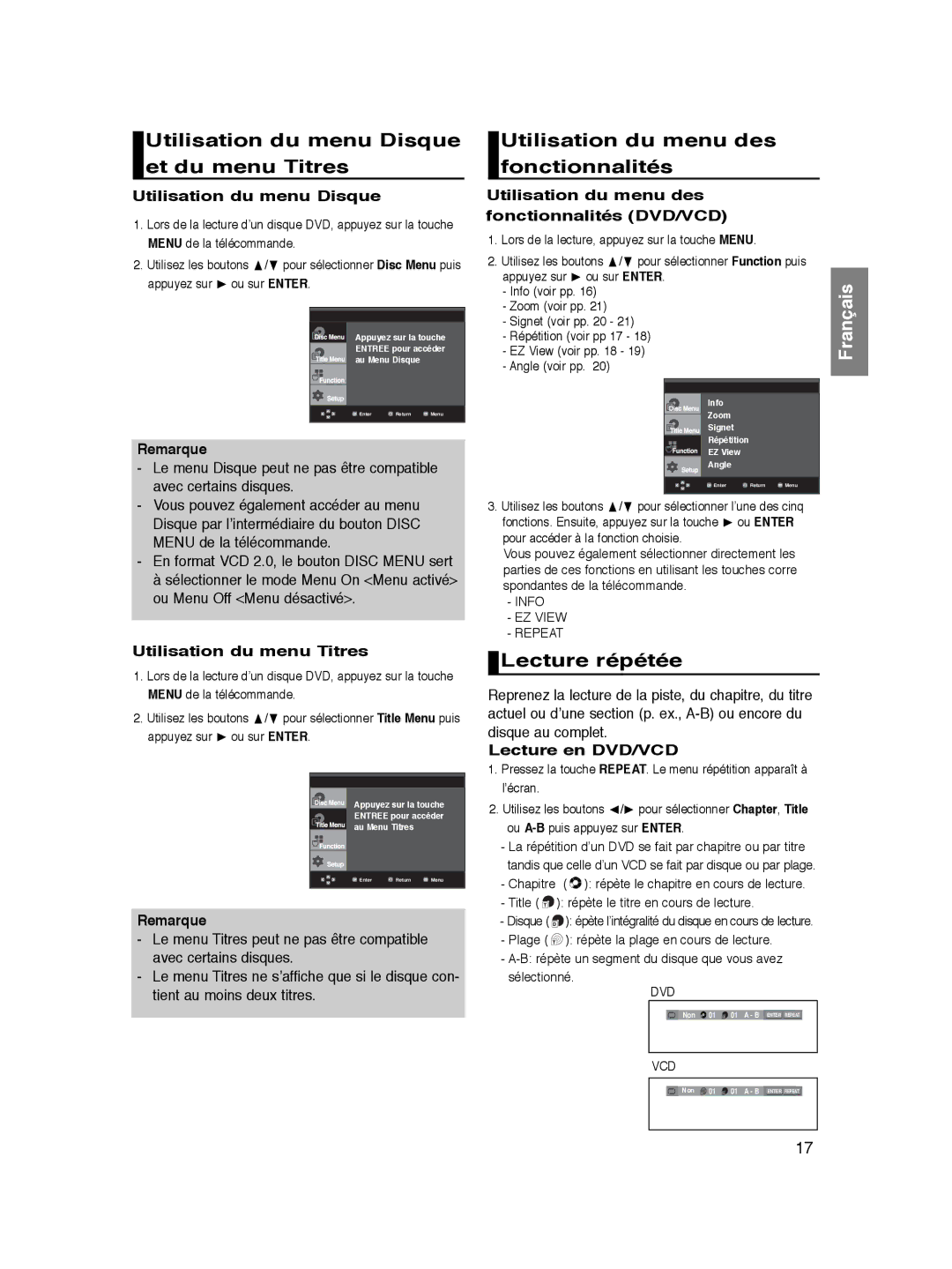 Samsung DVD-P360/XEC, DVD-P360/XEG Utilisation du menu Disque et du menu Titres, Utilisation du menu des fonctionnalités 