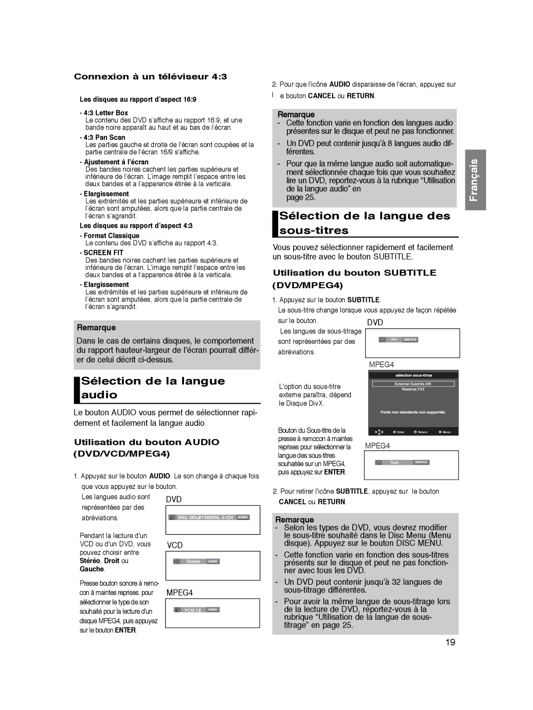 Samsung DVD-P365/XEL, DVD-P360/XEG, DVD-P360/XEC manual Sélection de la langue des sous-titres, Sélection de la langue audio 