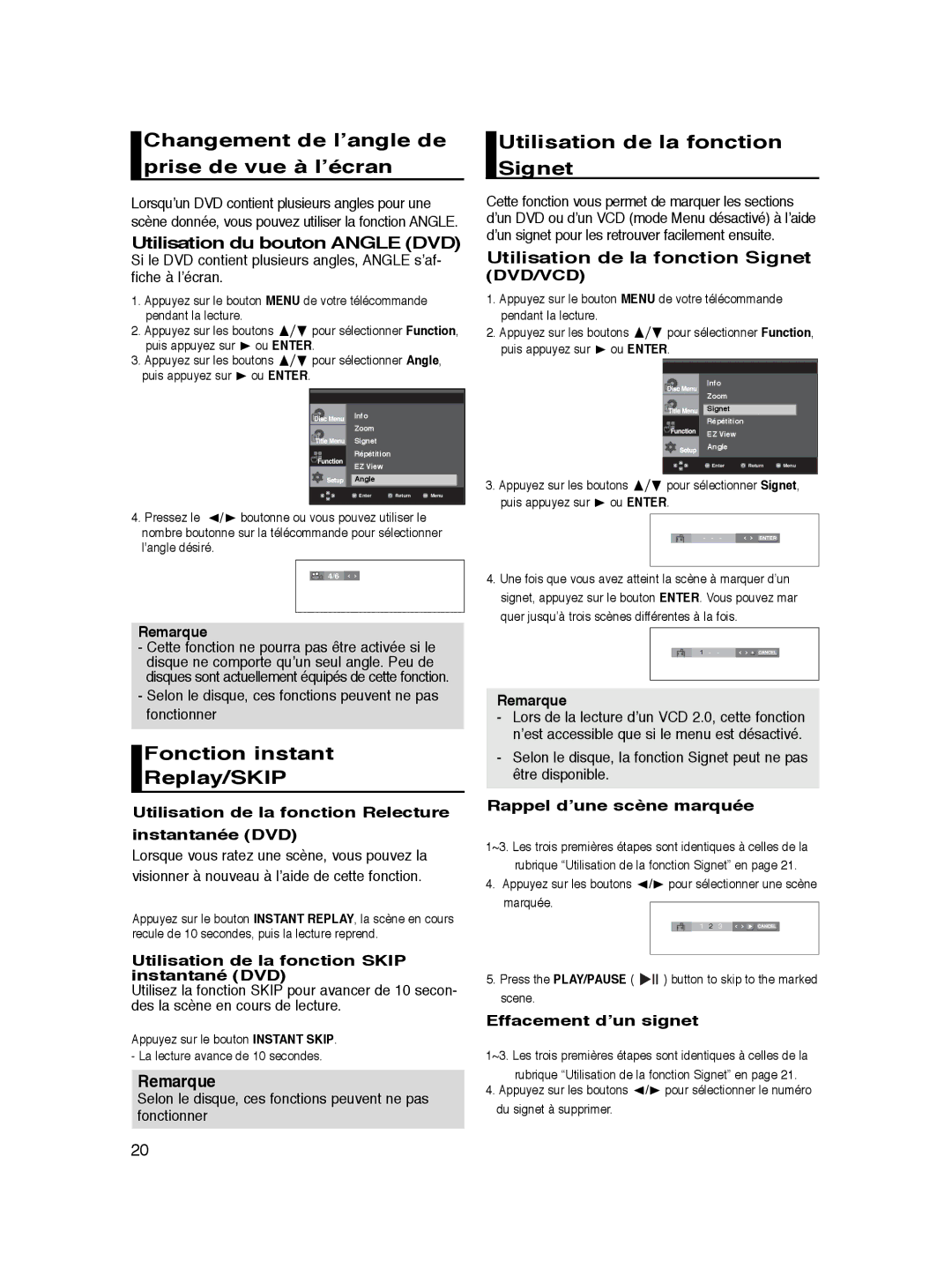 Samsung DVD-P360/FOU, DVD-P360/XEG manual Changement de l’angle de prise de vue à l’écran, Fonction instant Replay/SKIP 