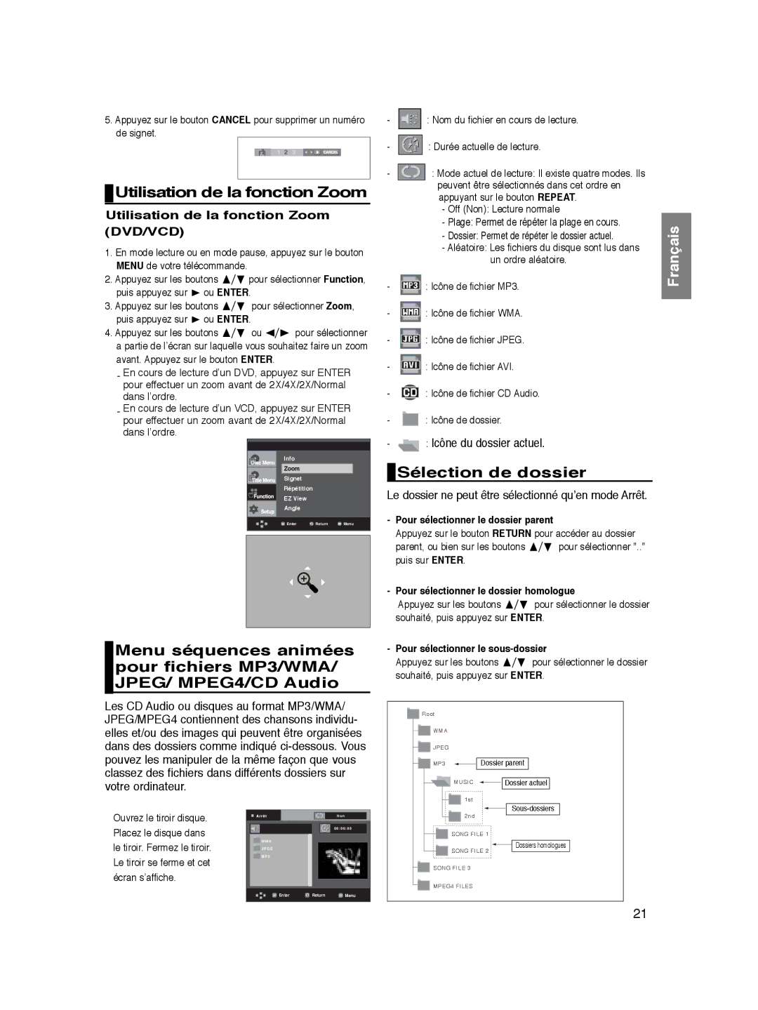 Samsung DVD-P365/FOU manual Sélection de dossier, Utilisation de la fonction Zoom DVD/VCD, Icône du dossier actuel 