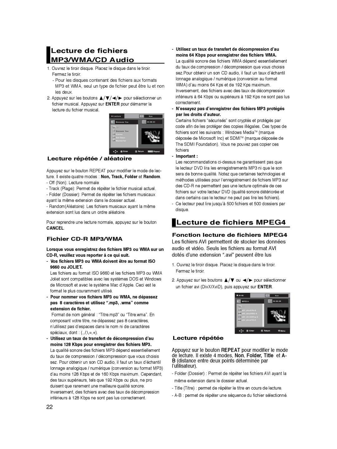 Samsung DVD-P365/XEH manual Lecture de fichiers MP3/WMA/CD Audio, Lecture de fichiers MPEG4, Lecture répétée / aléatoire 