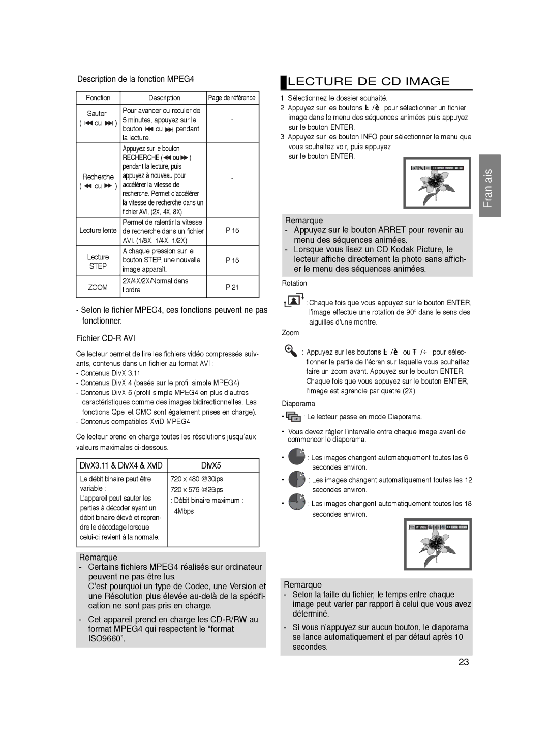 Samsung DVD-P361K/SEO, DVD-P360/XEG, DVD-P360/XEC manual Description de la fonction MPEG4, Fichier CD-R AVI, Diaporama 