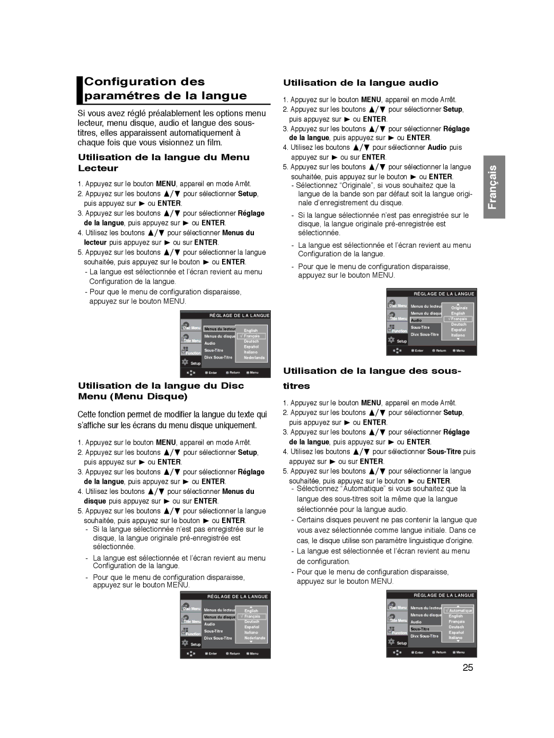 Samsung DVD-P360/XEG, DVD-P360/XEC Configuration des paramétres de la langue, Utilisation de la langue du Menu Lecteur 