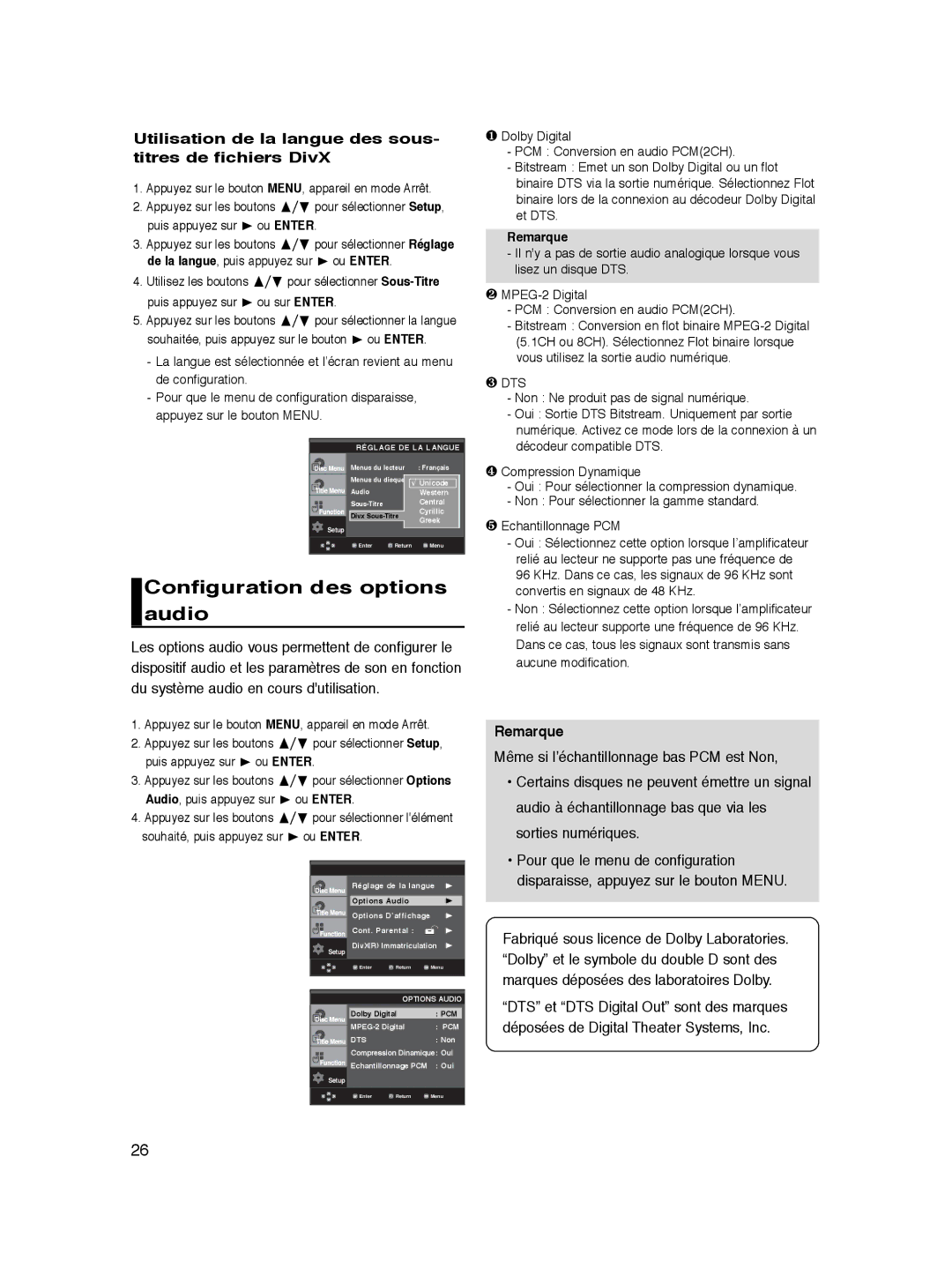 Samsung DVD-P360/XEC Configuration des options audio, Utilisation de la langue des sous- titres de fichiers DivX, Remarque 