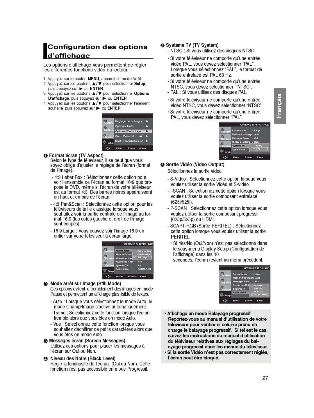 Samsung DVD-P360/XEL, DVD-P360/XEG, DVD-P360/XEC, DVD-P365/XEL, DVD-P360/FOU manual Configuration des options d’affichage 