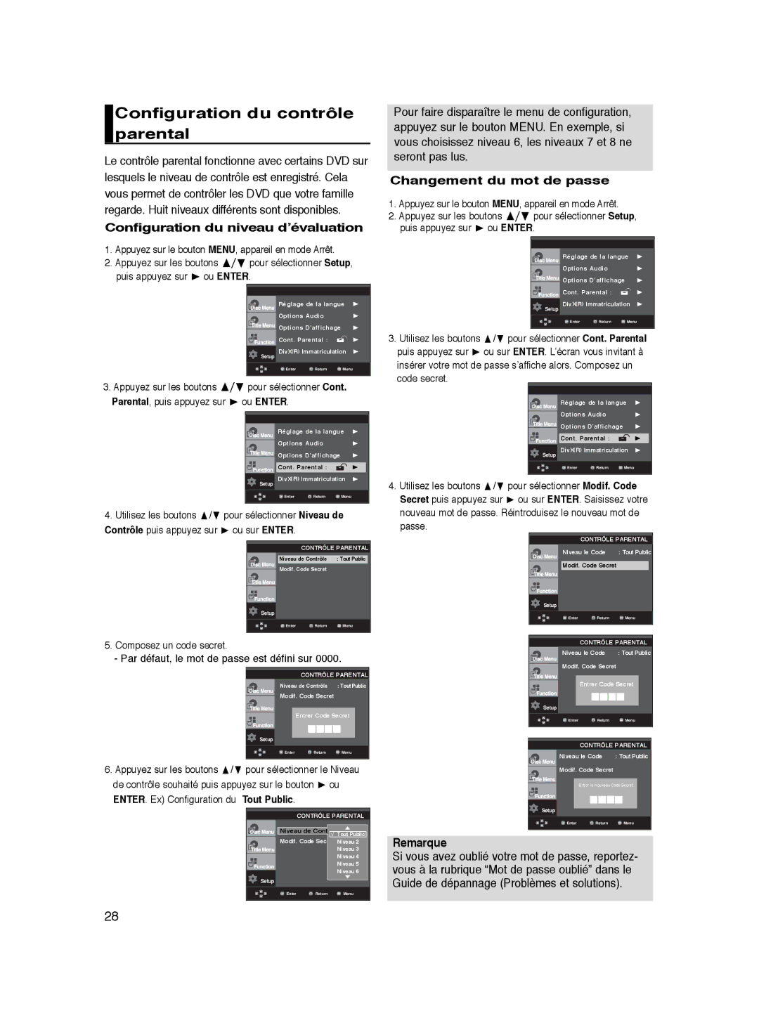 Samsung DVD-P365/XEL Configuration du contrôle parental, Configuration du niveau d’évaluation, Changement du mot de passe 