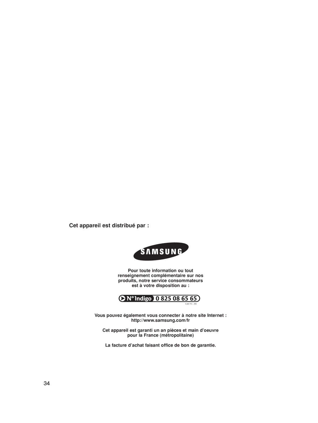 Samsung DVD-P360/XEG, DVD-P360/XEC, DVD-P360/XEL, DVD-P365/XEL, DVD-P360/FOU, DVD-P365/FOU manual Cet appareil est distribué par 