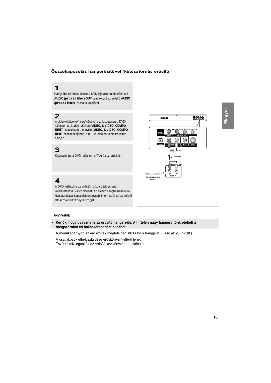 Samsung DVD-P365/FOU, DVD-P360/XEL, DVD-P365/XEL, DVD-P360/FOU manual Összekapcsolás hangerŒsítŒvel kétcsatornás erŒsítŒ 