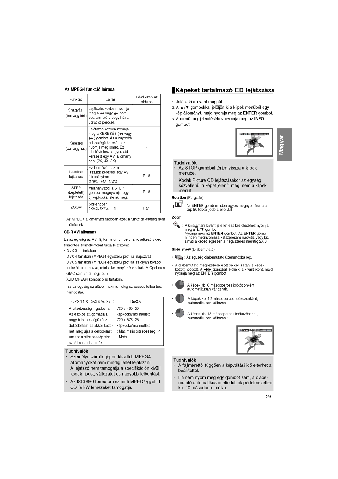 Samsung DVD-P365/FOU manual Képeket tartalmazó CD lejátszása, Az MPEG4 funkció leírása, DivX5, Jelölje ki a kívánt mappát 