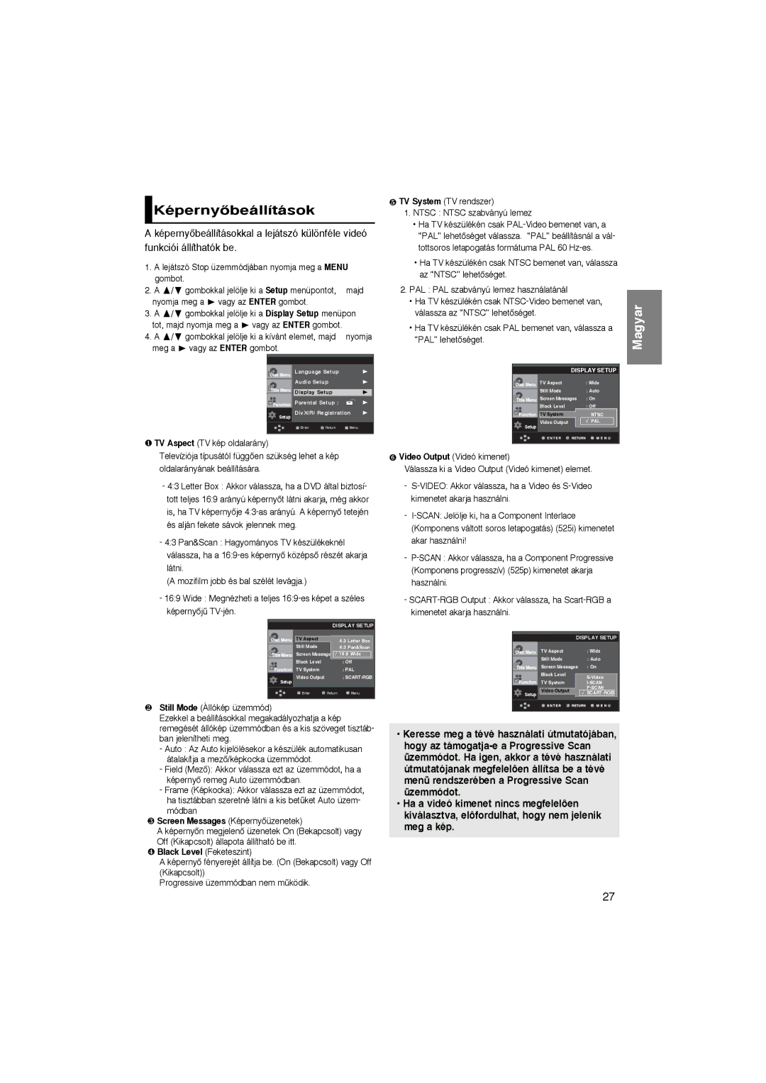 Samsung DVD-P360/FOU, DVD-P360/XEL, DVD-P365/XEL manual KépernyŒbeállítások, Gombokkal jelölje ki a kívánt elemet, majd 