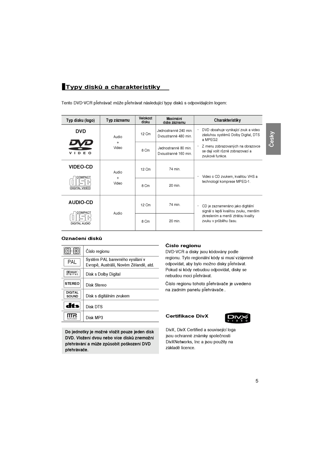 Samsung DVD-P365/FOU, DVD-P360/XEL, DVD-P365/XEL, DVD-P360/FOU, DVD-P365/XEH manual Typy diskÛ a charakteristiky 