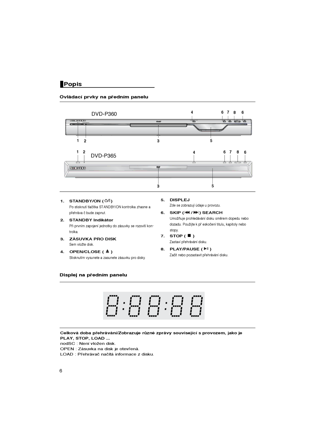 Samsung DVD-P365/XEH, DVD-P360/XEL Popis, Ovládací prvky na pﬁedním panelu, Displej na pﬁedním panelu, PLAY, STOP, Load 