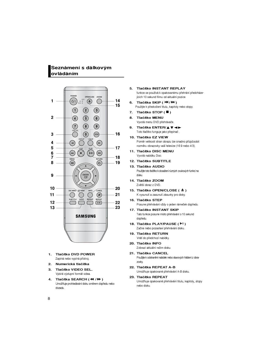 Samsung DVD-P365/XEL, DVD-P360/XEL, DVD-P360/FOU, DVD-P365/FOU, DVD-P365/XEH manual Seznámení s dálkov˘m ovládáním 