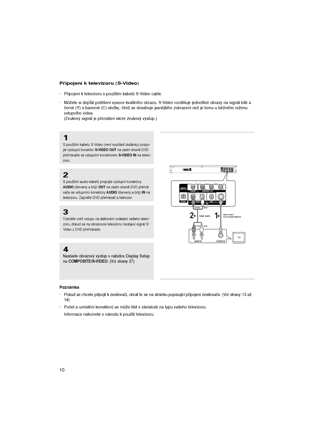 Samsung DVD-P365/FOU, DVD-P360/XEL, DVD-P365/XEL, DVD-P360/FOU, DVD-P365/XEH manual Pﬁipojení k televizoru S-Video, Poznámka 