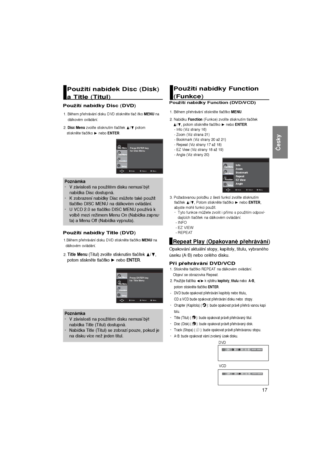 Samsung DVD-P360/XEL, DVD-P365/XEL, DVD-P360/FOU PouÏití nabídek Disc Disk a Title Titul, PouÏití nabídky Function Funkce 