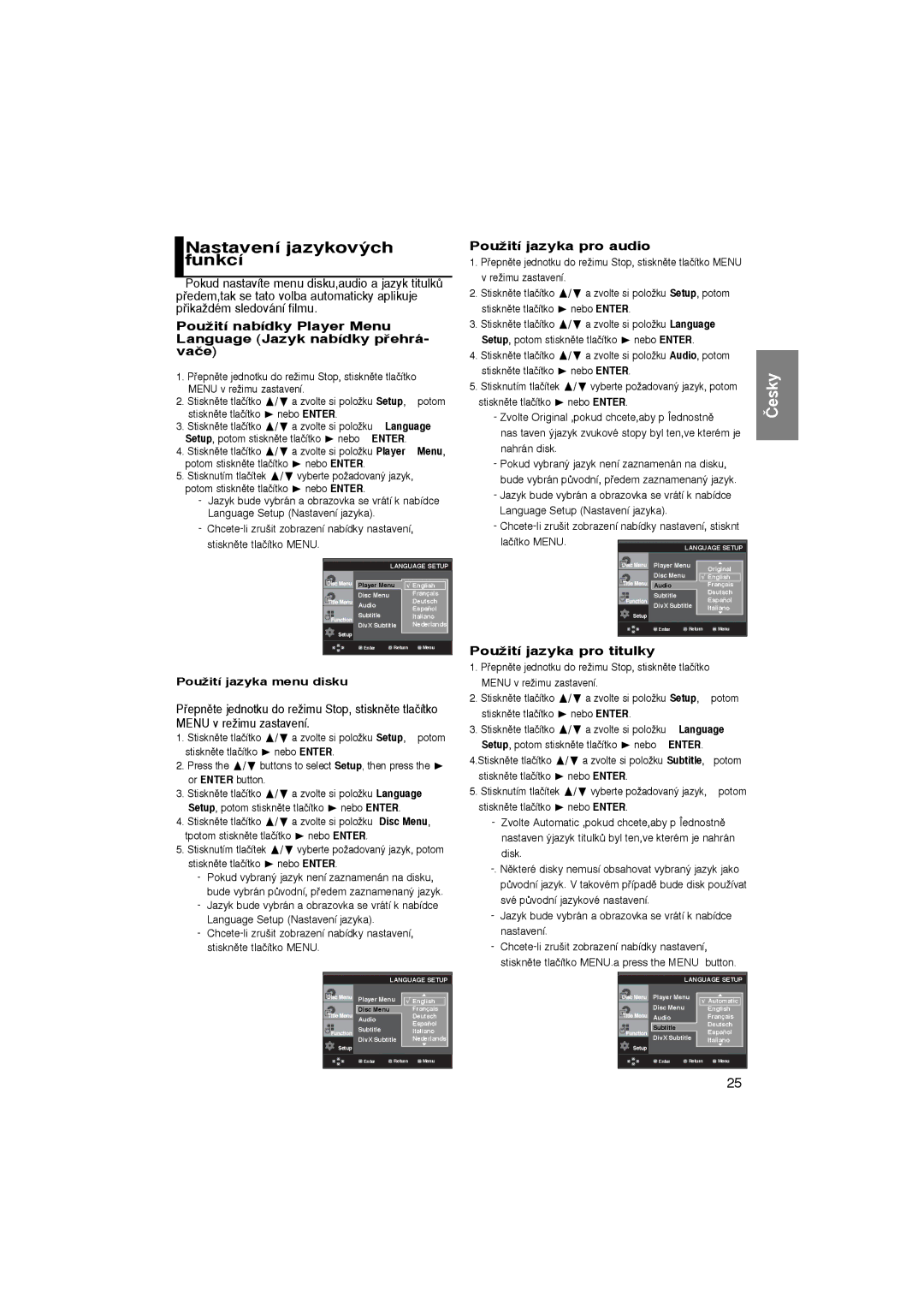 Samsung DVD-P365/FOU manual Nastavení jazykov˘ch funkcí, PouÏití jazyka pro audio, PouÏití jazyka pro titulky, Language 