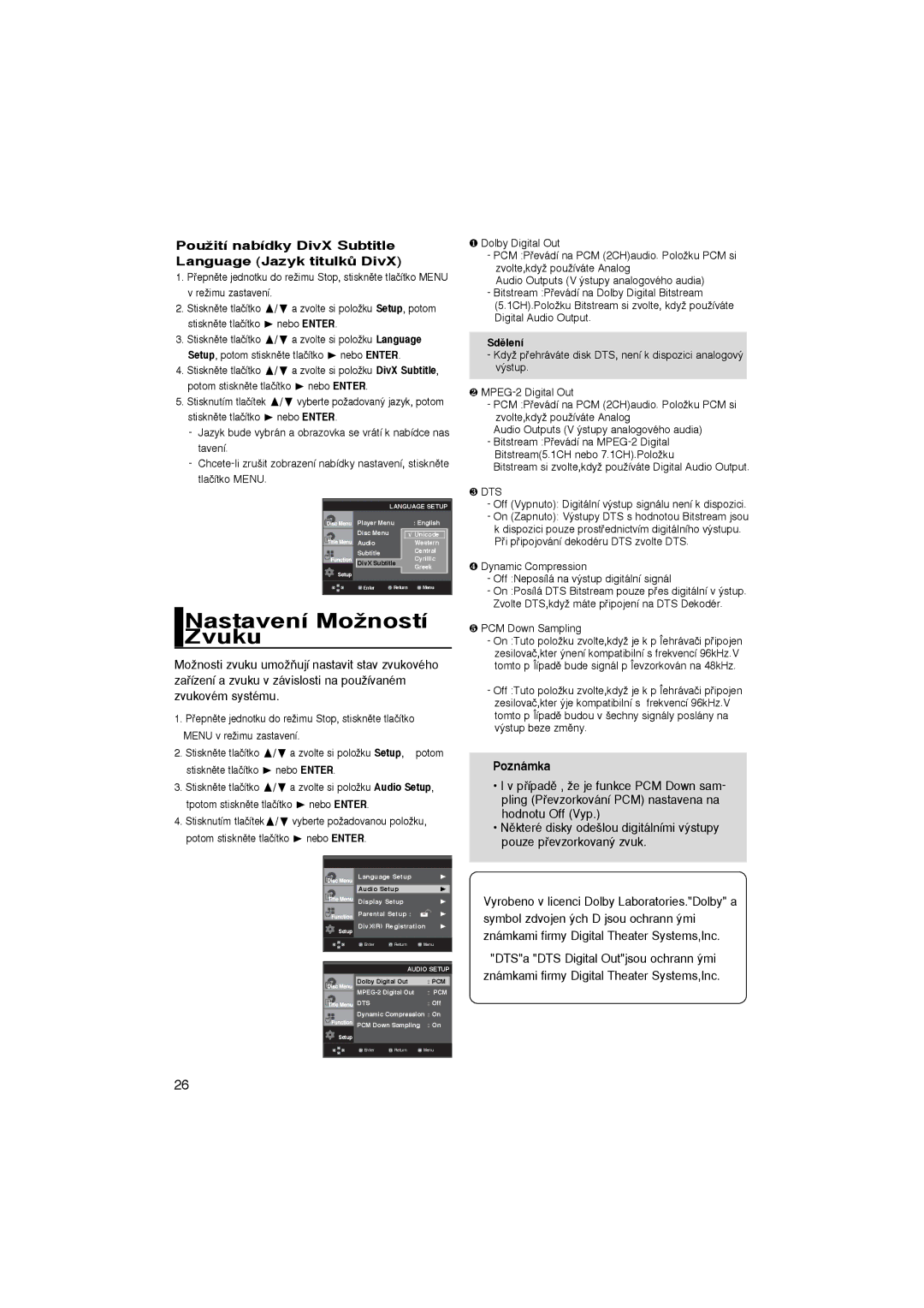 Samsung DVD-P365/XEH, DVD-P360/XEL PouÏití nabídky DivX Subtitle Language Jazyk titulkÛ DivX, Sdûlení, ❺ PCM Down Sampling 