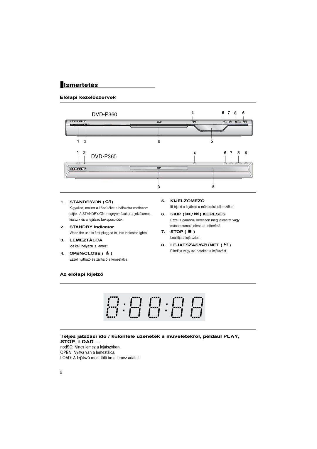 Samsung DVD-P365/XEL, DVD-P360/XEL, DVD-P360/FOU, DVD-P365/FOU, DVD-P365/XEH manual Ismertetés, ElŒlapi kezelŒszervek 