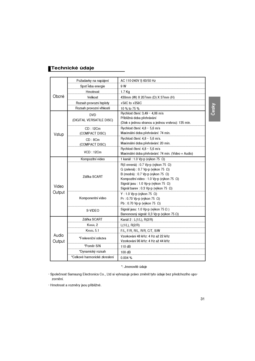 Samsung DVD-P365/XEH, DVD-P360/XEL, DVD-P365/XEL, DVD-P360/FOU, DVD-P365/FOU manual Technické údaje 