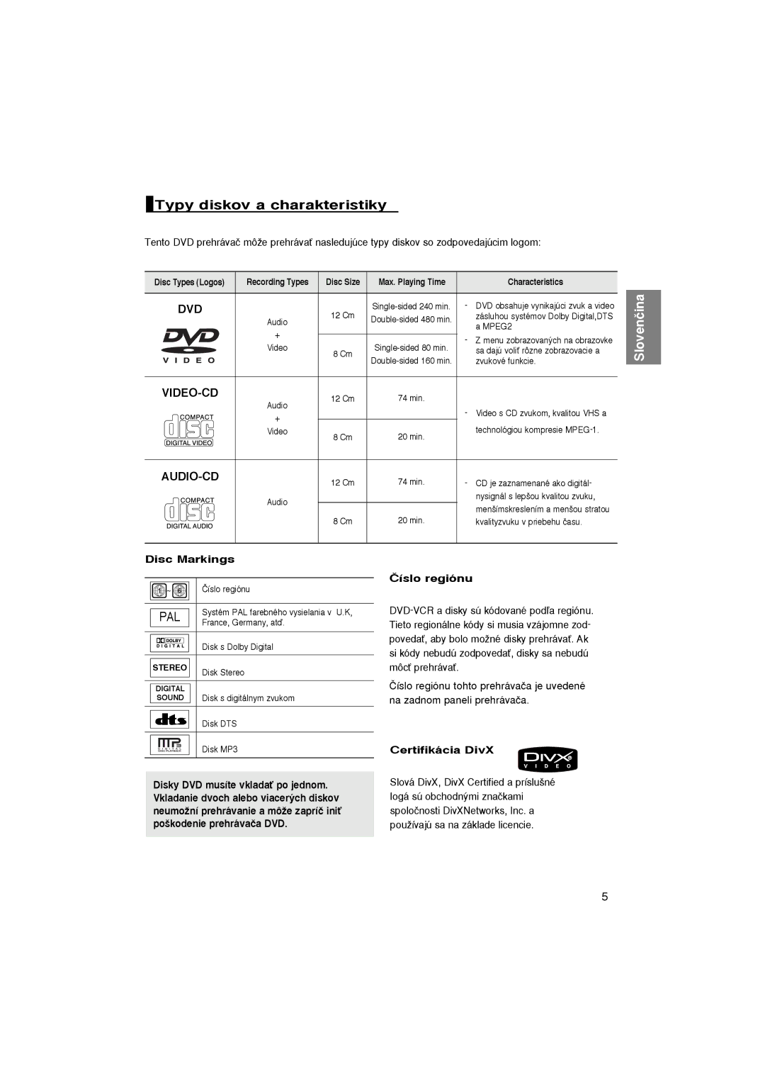 Samsung DVD-P365/XEL Typy diskov a charakteristiky, Âíslo regiónu, Certifikácia DivX Disky DVD musíte vkladaÈ po jednom 