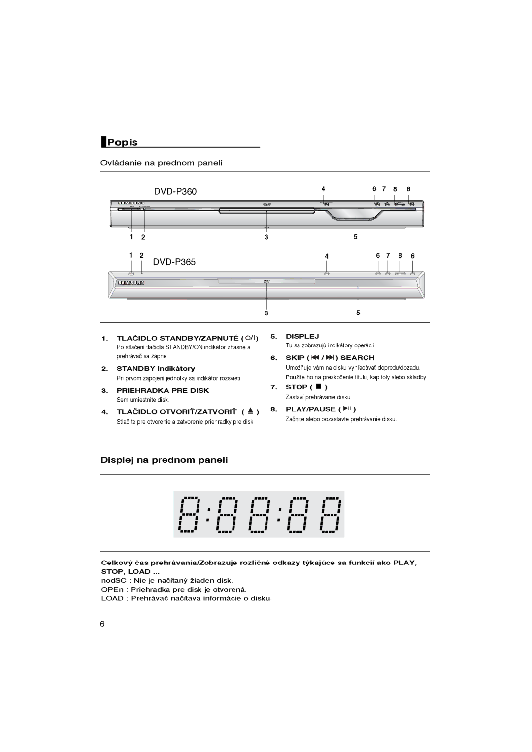 Samsung DVD-P360/FOU, DVD-P360/XEL, DVD-P365/XEL manual Displej na prednom paneli, Ovládanie na prednom paneli, STOP, Load 