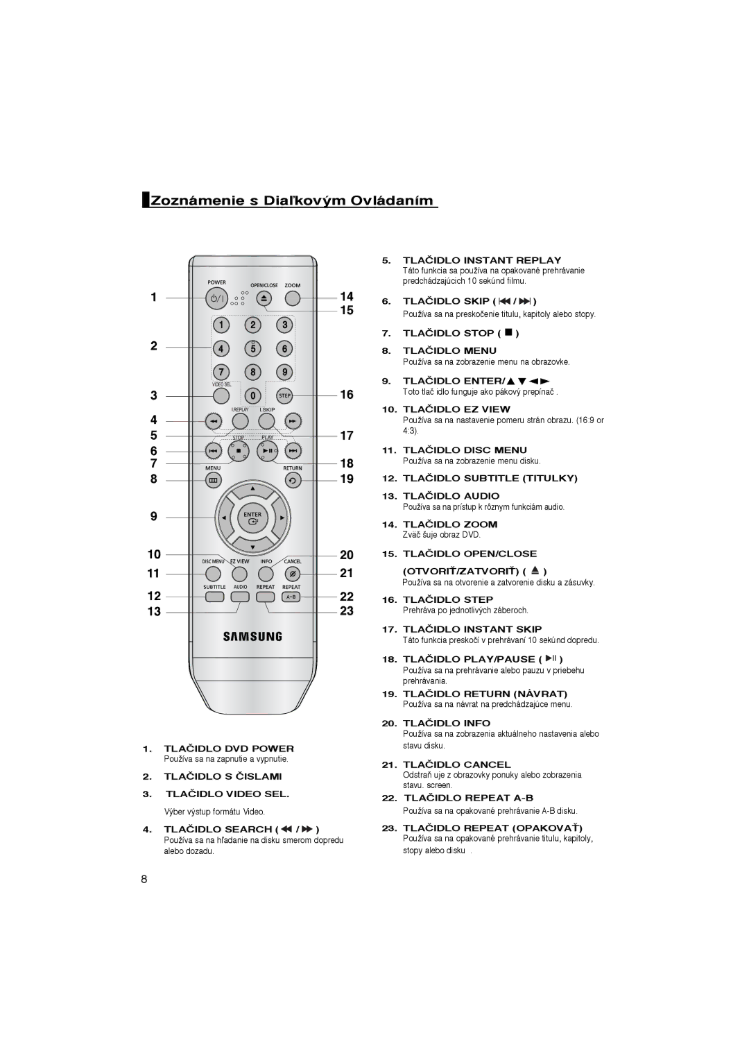 Samsung DVD-P365/XEH, DVD-P360/XEL, DVD-P365/XEL, DVD-P360/FOU manual Zoznámenie s Diaºkov˘m Ovládaním, Otvorië/Zatvorië 