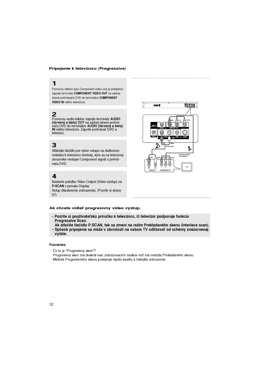 Samsung DVD-P365/FOU, DVD-P360/XEL manual Pripojenie k televízoru Progressive, Ak chcete vidieÈ progresívny video v˘stup 