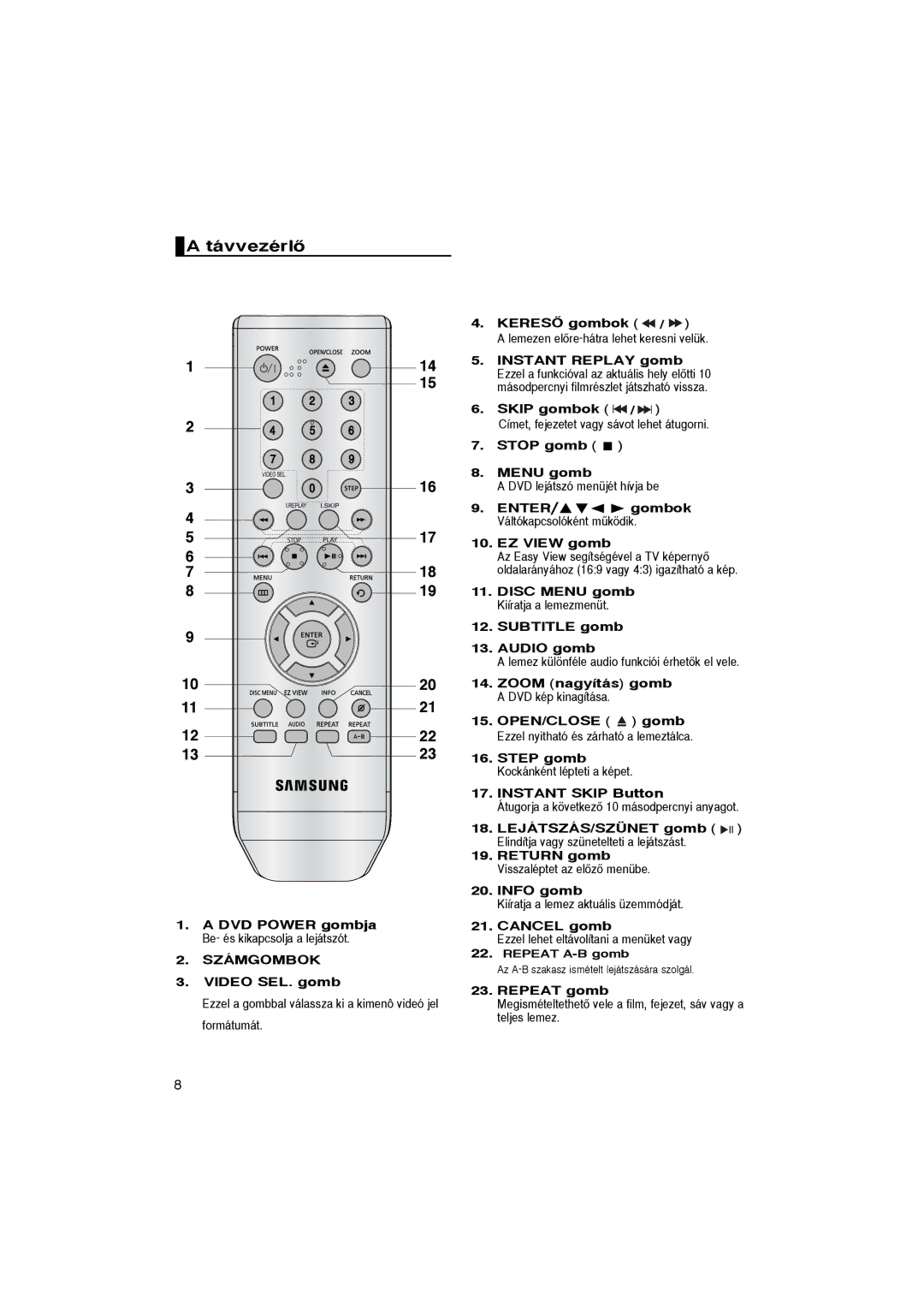 Samsung DVD-P365/FOU, DVD-P360/XEL, DVD-P365/XEL, DVD-P360/FOU, DVD-P365/XEH manual TávvezérlŒ 