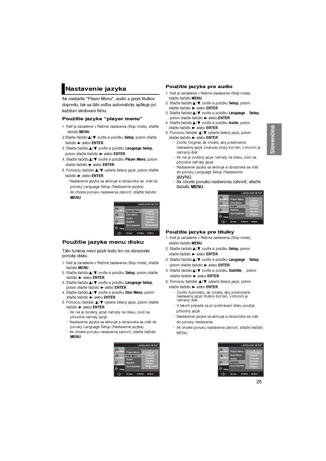 Samsung DVD-P365/XEL Nastavenie jazyka, PouÏitie jazyka menu disku, PouÏitie jazyka player menu, PouÏitie jazyka pre audio 