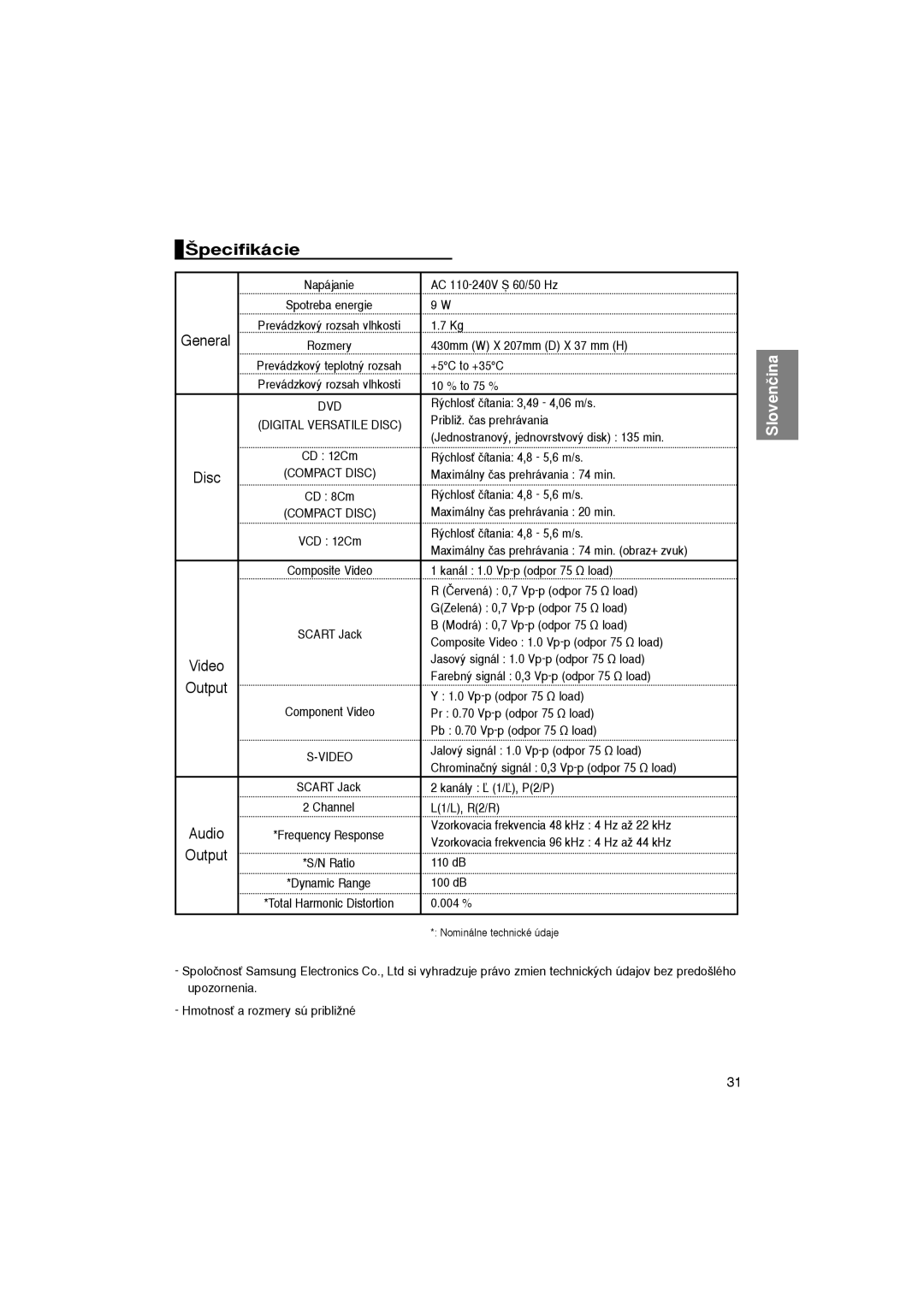 Samsung DVD-P360/FOU, DVD-P360/XEL, DVD-P365/XEL, DVD-P365/FOU, DVD-P365/XEH manual ·pecifikácie 