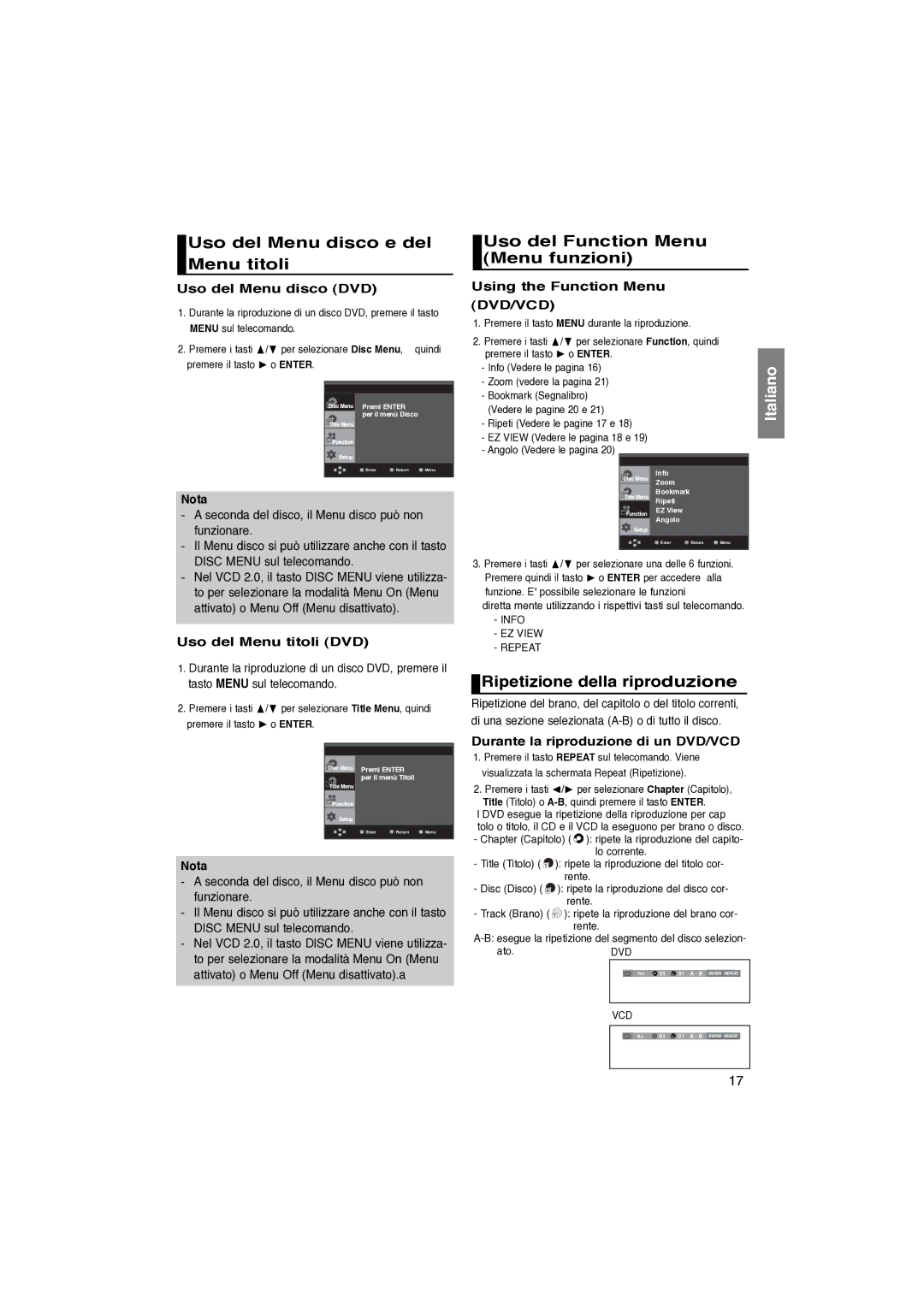 Samsung DVD-P360/XET manual Uso del Menu disco e del Menu titoli, Uso del Function Menu Menu funzioni 