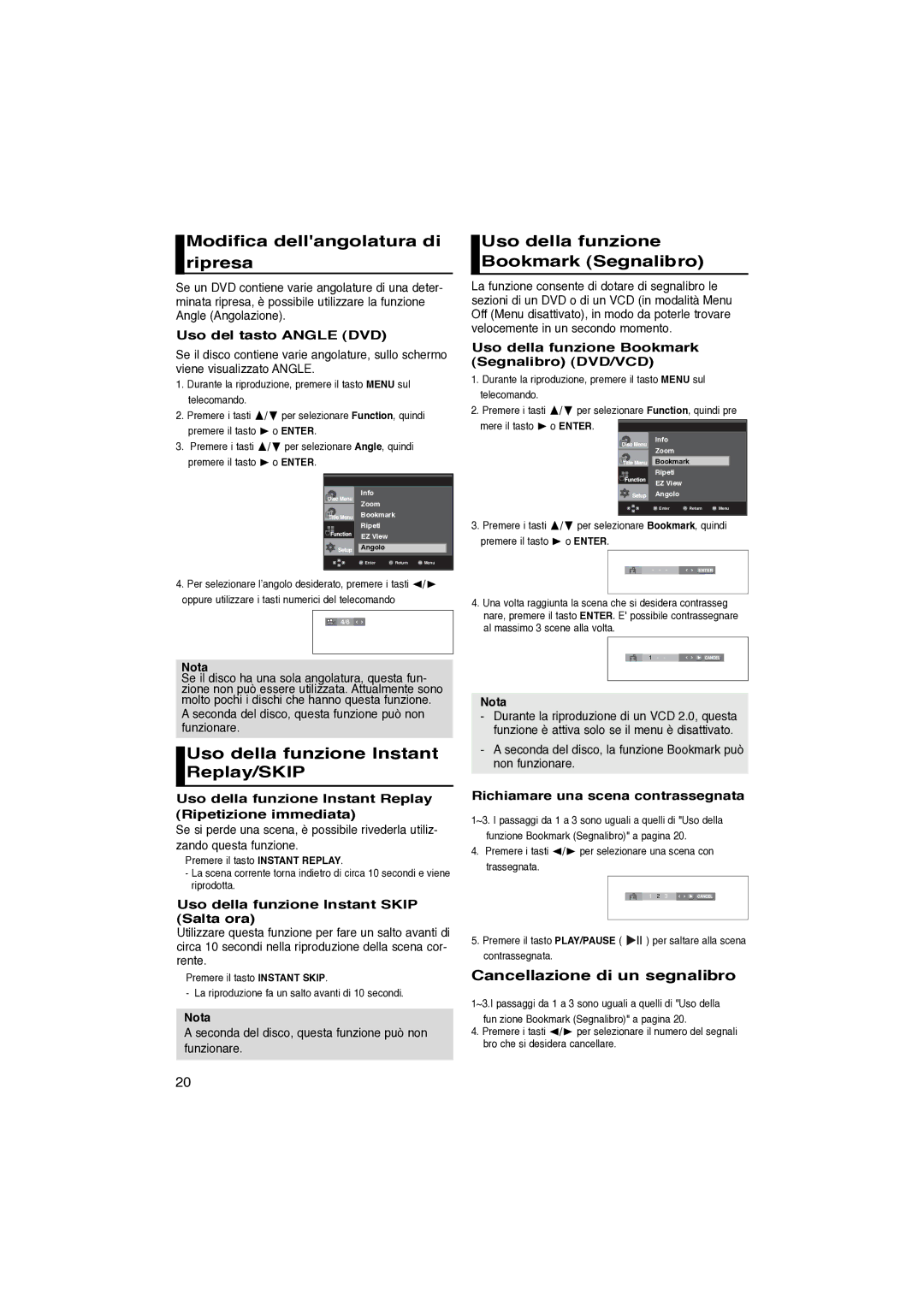 Samsung DVD-P360/XET manual Modifica dellangolatura di ripresa, Uso della funzione Bookmark Segnalibro 