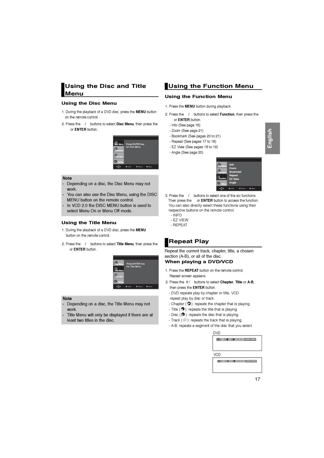 Samsung DVD-P360K, DVD-P365K manual Using the Disc and Title Menu, Using the Function Menu, Repeat Play 