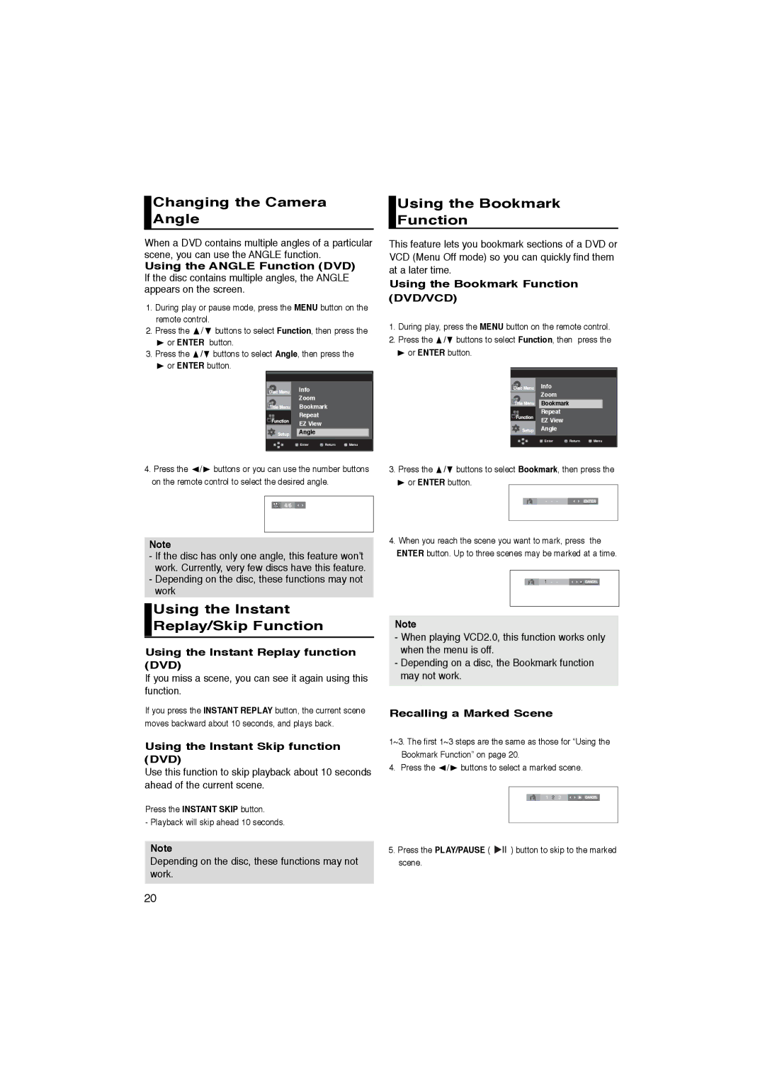 Samsung DVD-P365K manual Changing the Camera Angle, Using the Bookmark Function, Using the Instant Replay/Skip Function 