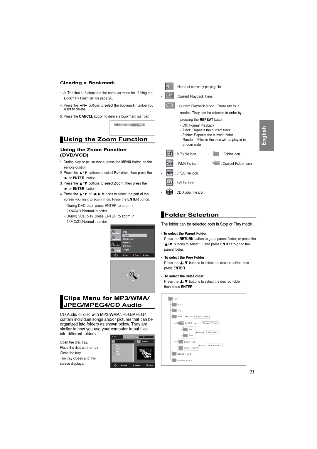 Samsung DVD-P360K, DVD-P365K manual Using the Zoom Function, Clips Menu for MP3/WMA/ JPEG/MPEG4/CD Audio, Folder Selection 