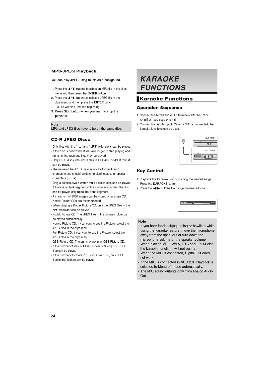 Samsung DVD-P365K, DVD-P360K manual Karaoke Functions, MP3-JPEG Playback, Operation Sequence, CD-R Jpeg Discs, Key Control 