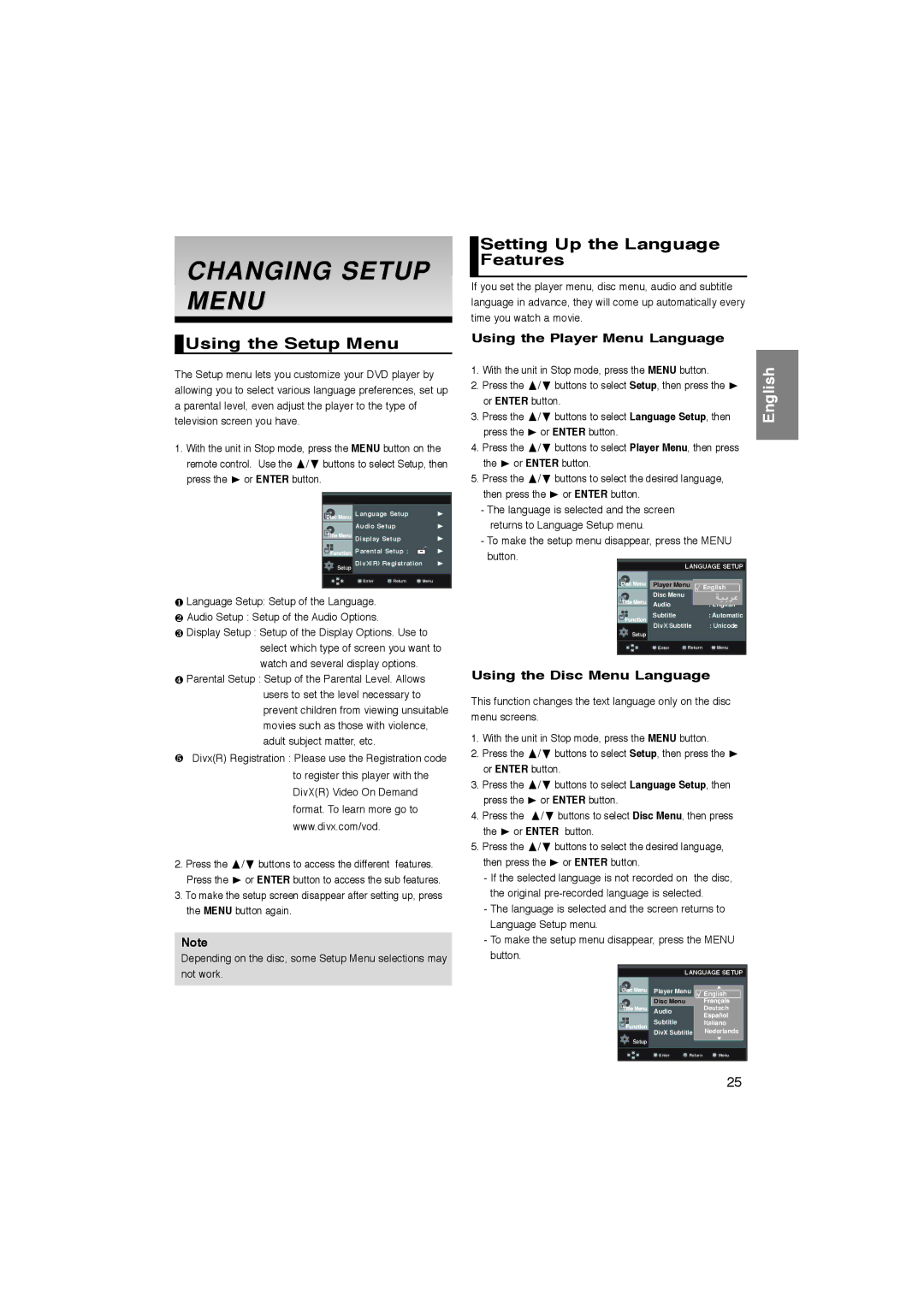 Samsung DVD-P360K, DVD-P365K manual Using the Setup Menu, Setting Up the Language Features, Using the Player Menu Language 